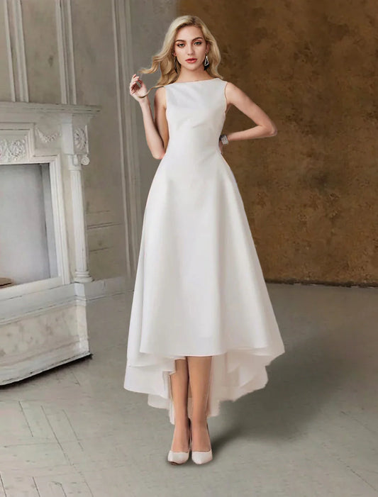 Bridal Shower Vintage Simple Wedding Dresses Wedding Dresses Sheath / Column Square Half Sleeve Tea Length Satin Bridal Gowns