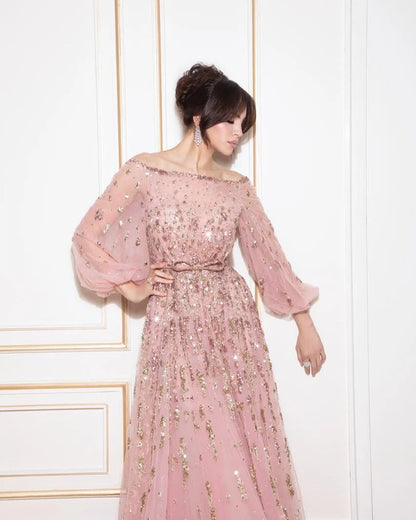 Luxury Pink Sequin Beaded Evening Gown with Elegant Bow