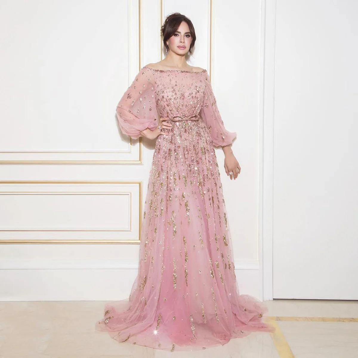 Luxury Pink Sequin Beaded Evening Gown with Elegant Bow