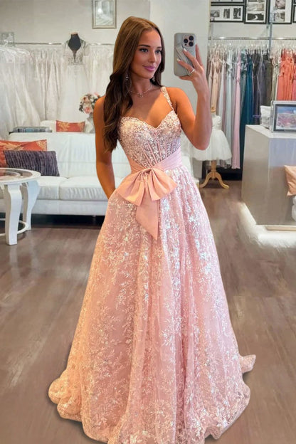 Pink Sweetheart A Line Sequined Lace Long Prom Dresses With Bow