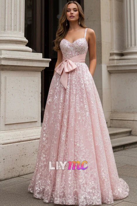 Pink Sweetheart A Line Sequined Lace Long Prom Dresses With Bow