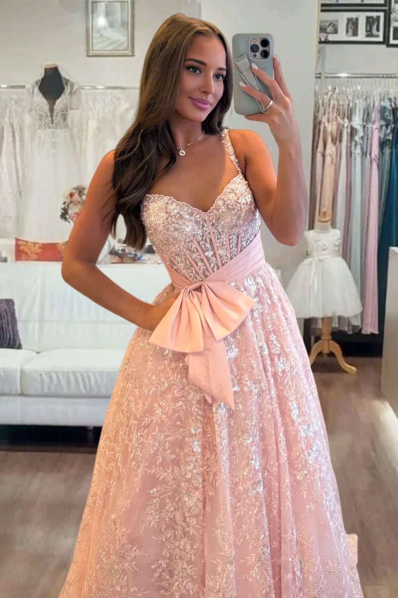 Pink Sweetheart A Line Sequined Lace Long Prom Dresses With Bow