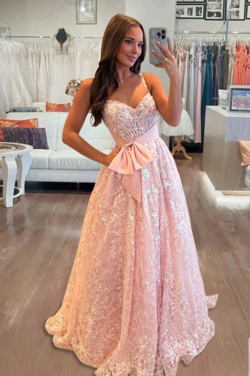 Pink Sweetheart A Line Sequined Lace Long Prom Dresses With Bow