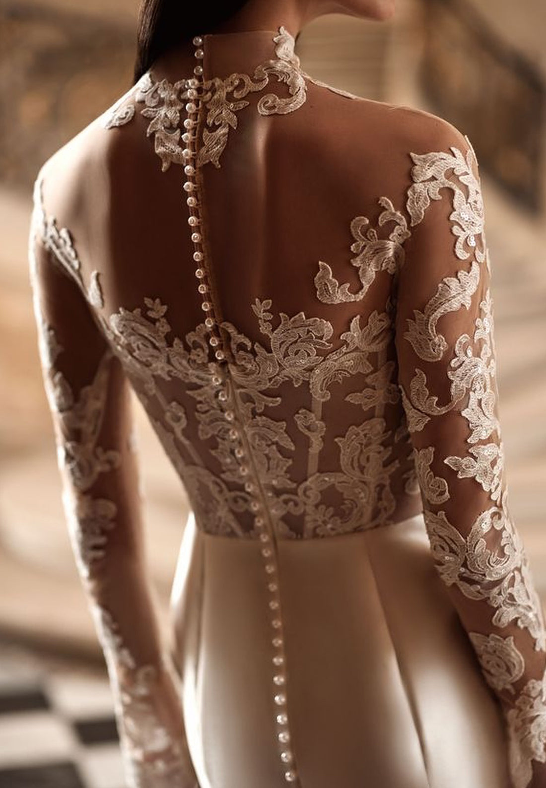 High Neck Long Sleeves Lace Appliques Sheath Boho Wedding Dress