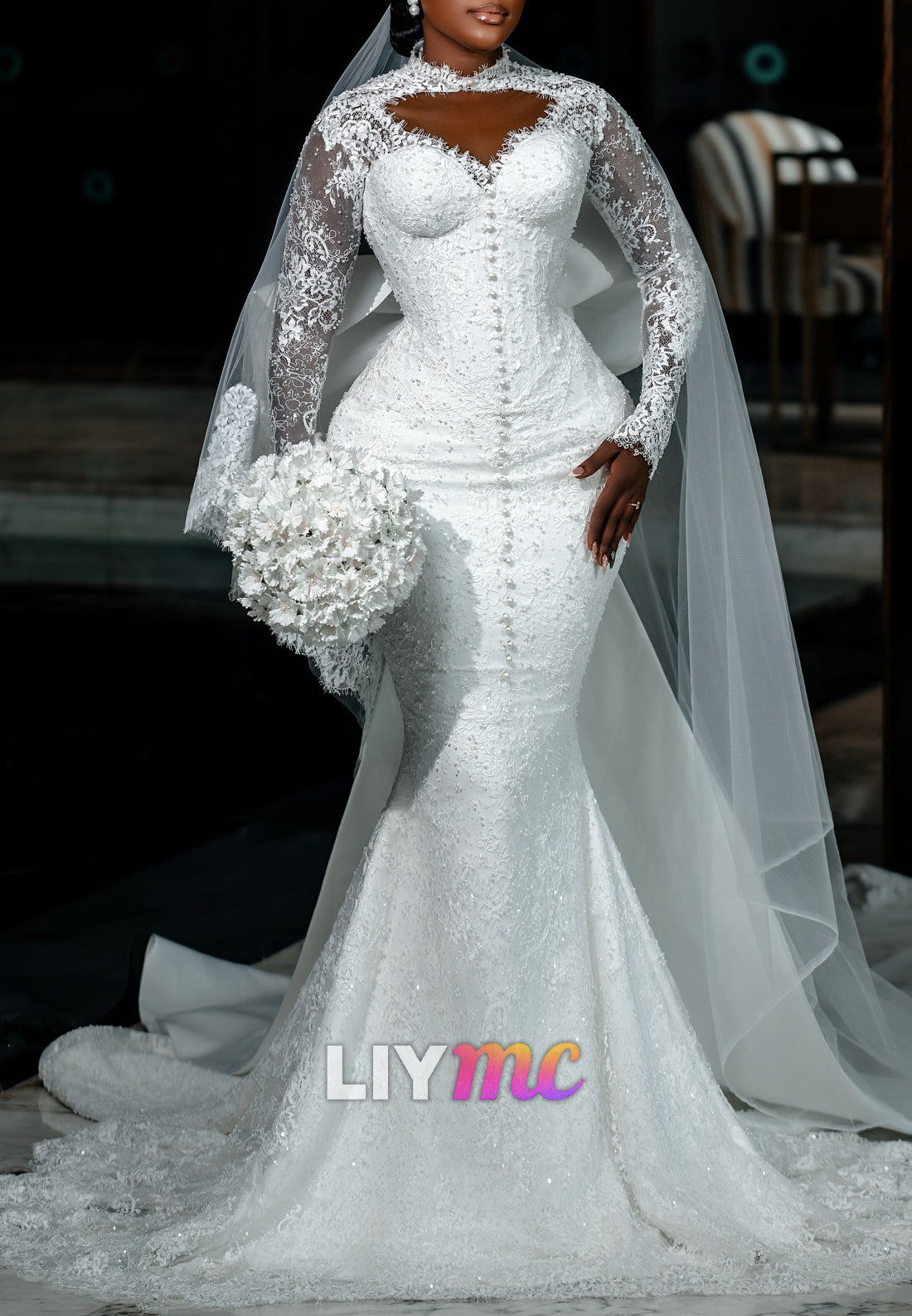 Sweetheart Long Sleeves Sequins Appliques Mermaid Wedding Dress