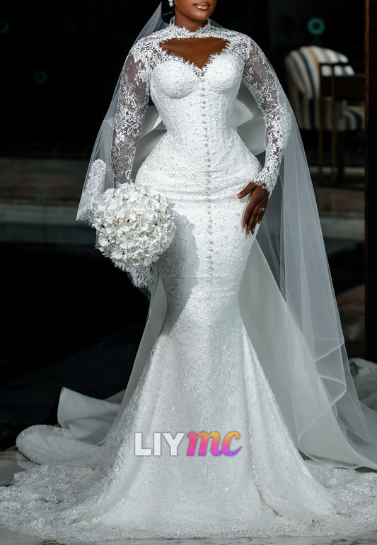 Sweetheart Long Sleeves Sequins Appliques Mermaid Wedding Dress