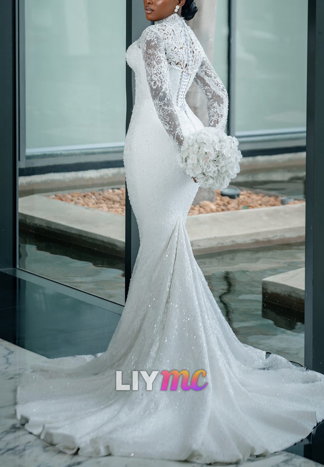 Sweetheart Long Sleeves Sequins Appliques Mermaid Wedding Dress