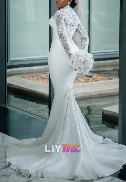 Sweetheart Long Sleeves Sequins Appliques Mermaid Wedding Dress