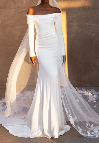 Off-Shoulder Long Sleeveless Sleek Mermaid Wedding Dress