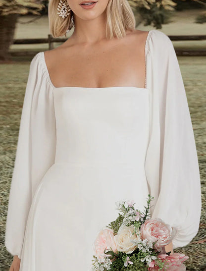 Engagement Open Back Wedding Dresses A-Line Square Neck Long Sleeve Sweep / Brush Train Chiffon Bridal Gowns With Solid Color
