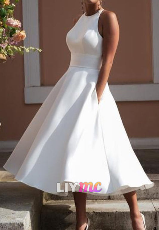 Scoop Sleeveless Appliques A-Line Midi Wedding Dress