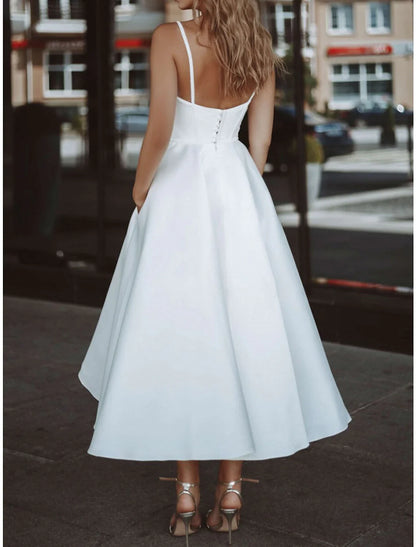 Reception Simple Wedding Dresses Wedding Dresses A-Line V Neck Long Sleeve Tea Length Chiffon Bridal Gowns With Pleats