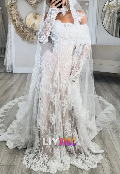Off-Shoulder Long Sleeves Lace Appliques A-Line Wedding Dress