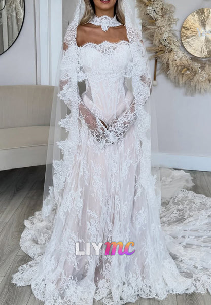 Off-Shoulder Long Sleeves Lace Appliques A-Line Wedding Dress