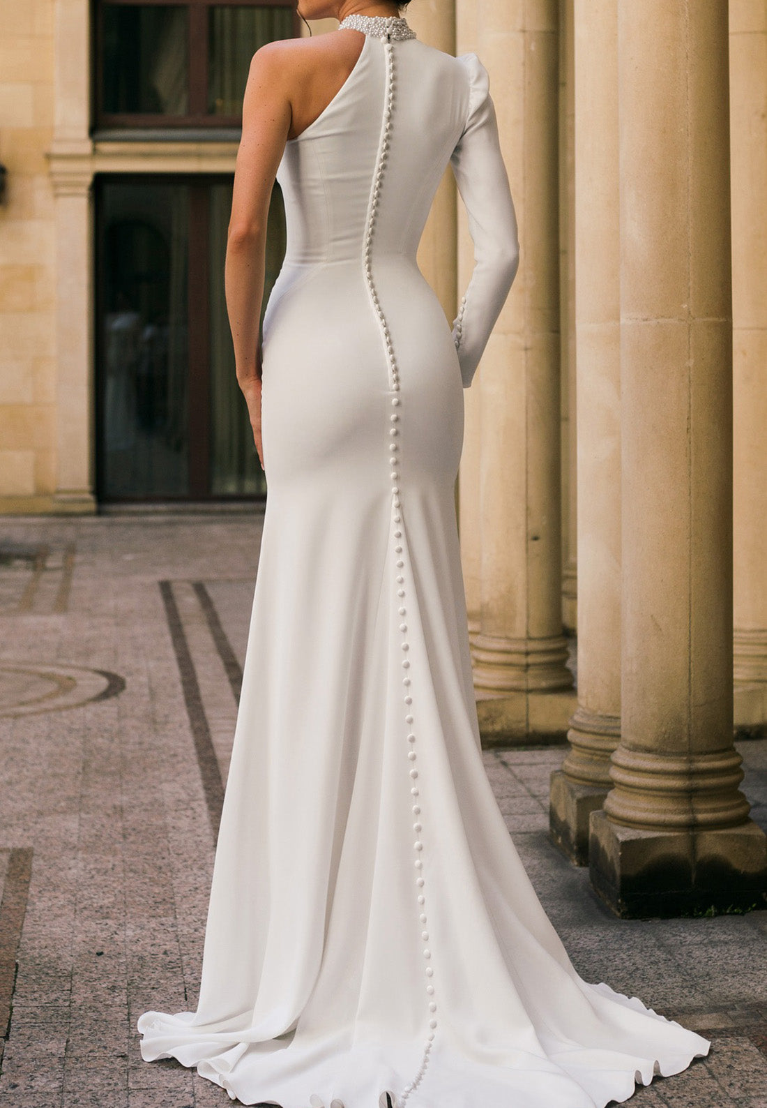 long sleeve halter wedding dress Halter Deep V-Neck Straps Off-Shoulder Long-Sleeves Applique Pleated S Laxag