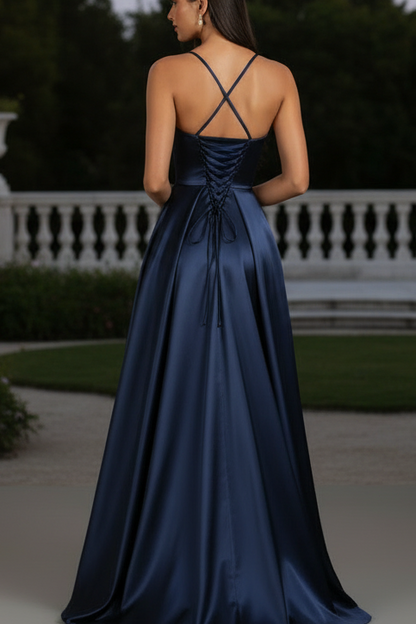 V Neckline Backless A-line Satin Gown with Pockets