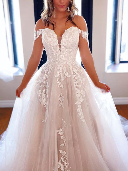 Off Shoulder White Lace Long Wedding Dresses with Train Tulle Aline Bridal Dresses