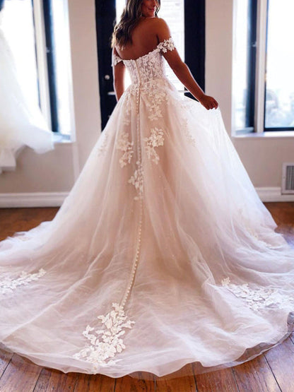 Off Shoulder White Lace Long Wedding Dresses with Train Tulle Aline Bridal Dresses
