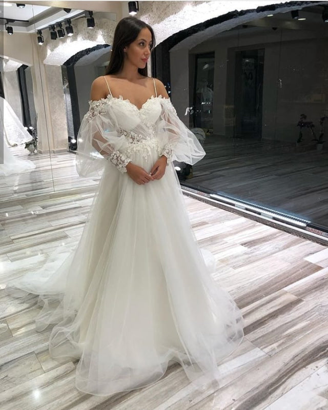 Off-the-Shoulder A-Line Wedding Gown with Lace Appliques Tulle Long Sleeves