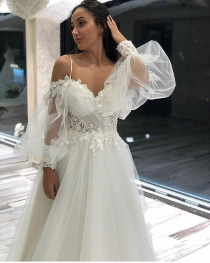 Off-the-Shoulder A-Line Wedding Gown with Lace Appliques Tulle Long Sleeves