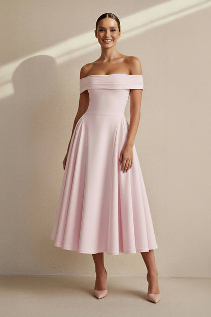 Off The Shoulder Pleated Midi Dress in Pink