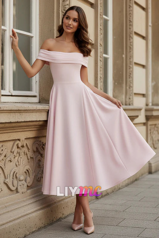 Off The Shoulder Pleated Midi Dress in Pink