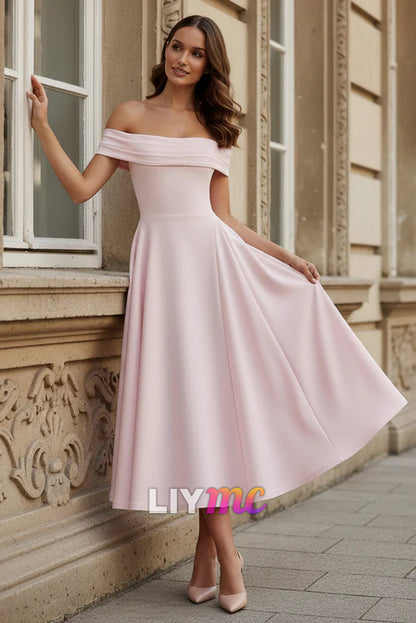 Off The Shoulder Pleated Midi Dress in Pink