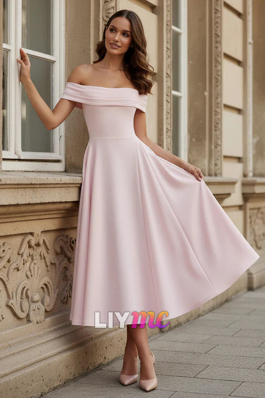 Off The Shoulder Pleated Midi Dress in Pink