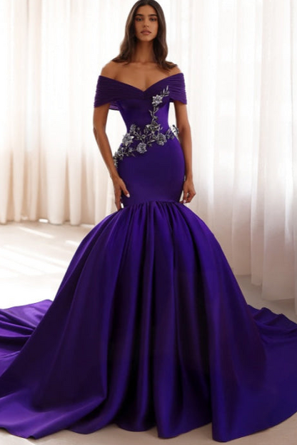 Off-the-Shoulder Regency Mermaid Evening Gown with 3D Flowers