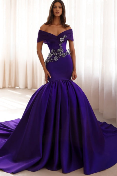 Off-the-Shoulder Regency Mermaid Evening Gown with 3D Flowers