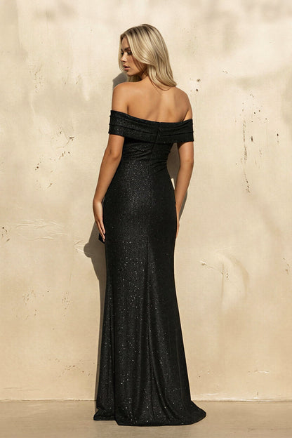 Off The Shoulder Sequins Maxi Dress With Slit in Black