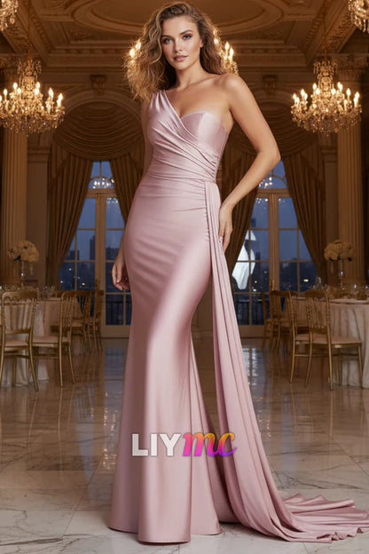 One Shoulder Pleated Prom Dress With Side Train in Pink