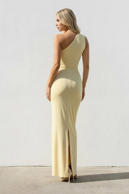 One Shoulder Ruched Sheath Maxi Dress in Yellow