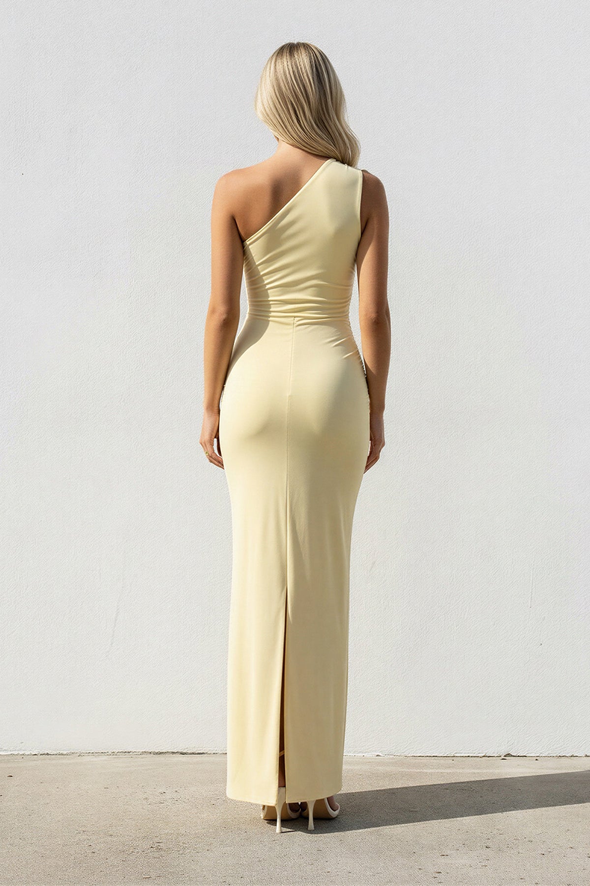 One Shoulder Ruched Sheath Maxi Dress in Yellow