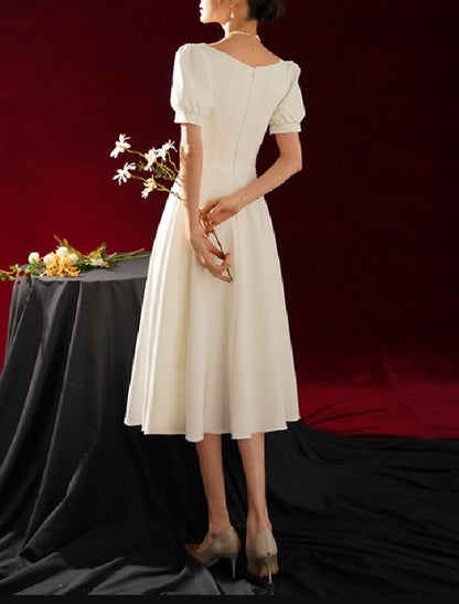 Reception Little White Dresses Wedding Dresses A-Line Sweetheart Short Sleeve Tea Length Stretch Fabric Bridal Gowns With Solid Color