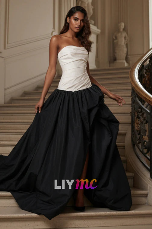 Pleated Strapless Gown With Slit in Black and Ivory