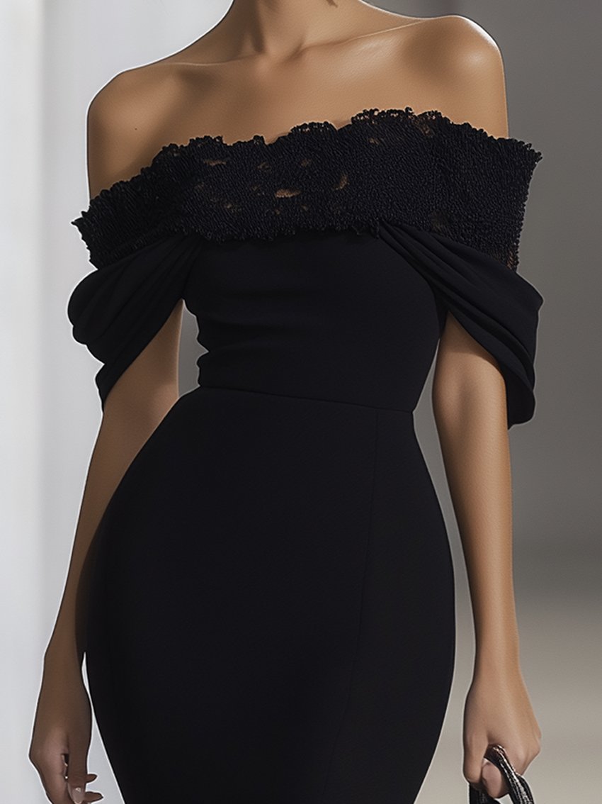 24-Hour-Shipping Off Shoulder Black Chiffon Dress With Lace