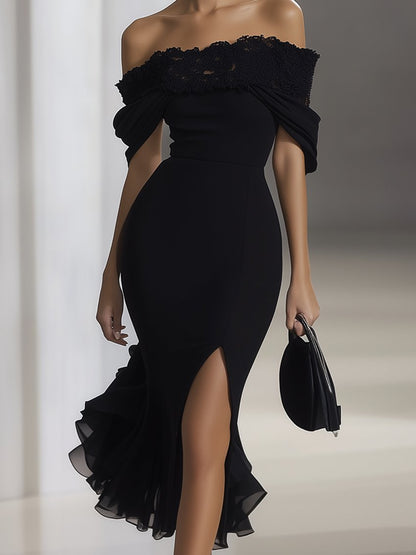 24-Hour-Shipping Off Shoulder Black Chiffon Dress With Lace