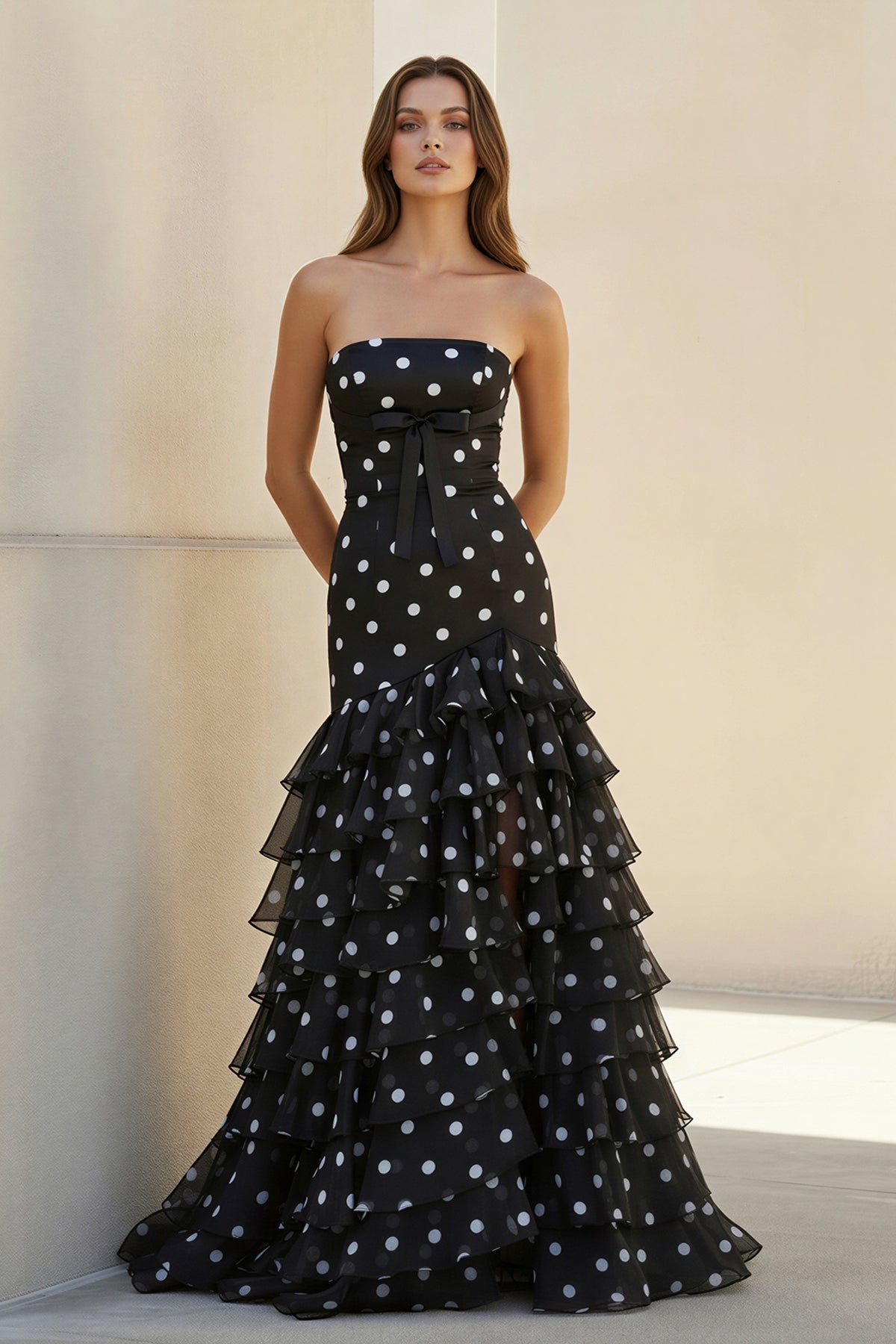 Polka Dot Ruffled Prom Dress With Bow in Black