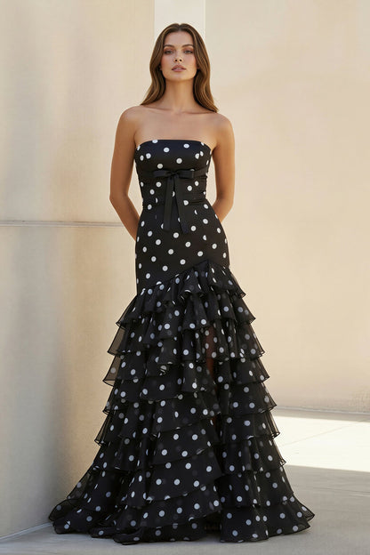 Polka Dot Ruffled Prom Dress With Bow in Black