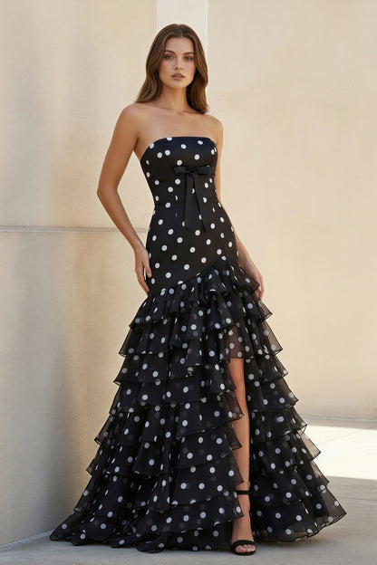Polka Dot Ruffled Prom Dress With Bow in Black