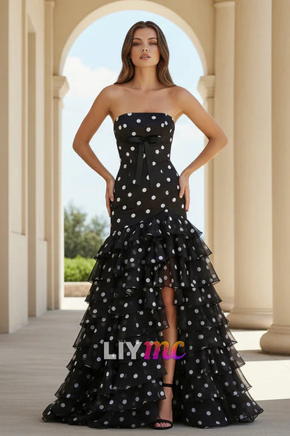 Polka Dot Ruffled Prom Dress With Bow in Black