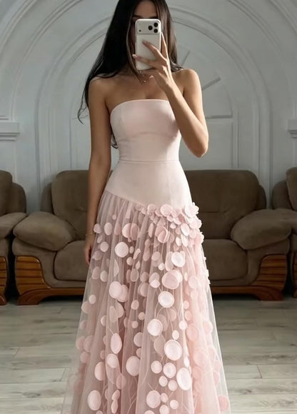 Strapless A-Line Evening Gown with 3D Appliques