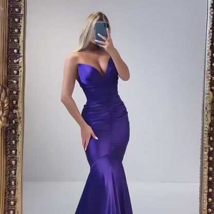 LP718 - Mermaid/Trumpet Strapless Pleated Satin Long Prom Evening Dress