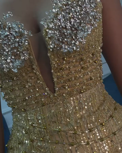 V-Neck Sleeveless Beaded Embroidery Side Slit Sheath Prom Dress for Black Girls