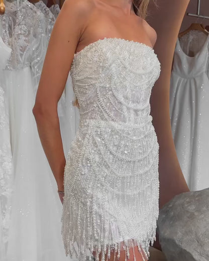 Straight Across Sleeveless Beaded Embroidery Sheath Short Wedding Dress