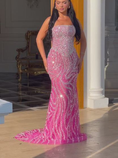 Straight Across Beaded Embroidery Sparkly Mermaid Prom Dress