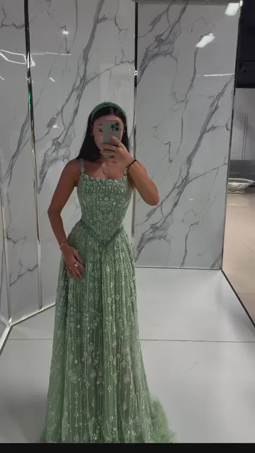 Square Straps Beaded Embroidery Sparkly A-Line Prom Dress