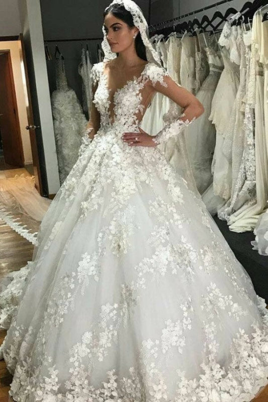 Princess Bateau Wedding Dress with Modest Backless Design and Floor-length Lace Ruffles