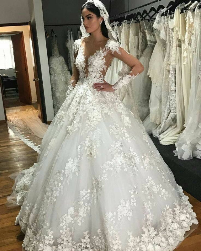 Princess Bateau Wedding Dress with Modest Backless Design and Floor-length Lace Ruffles